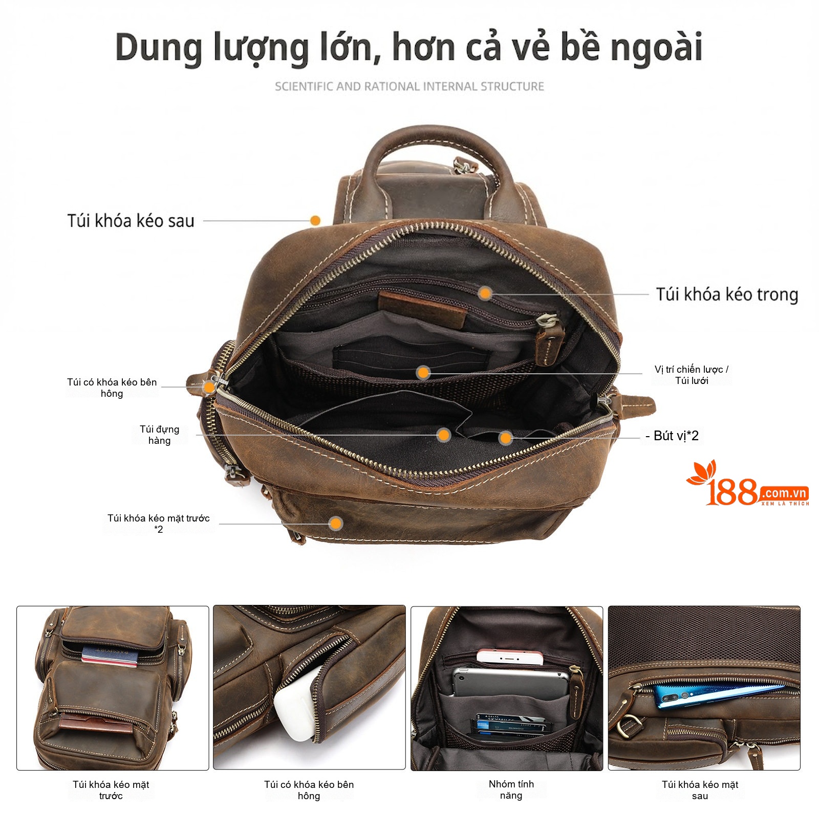 Túi Đeo Chéo Nam Da Bò Nhiều Ngăn Phong Cách Retro