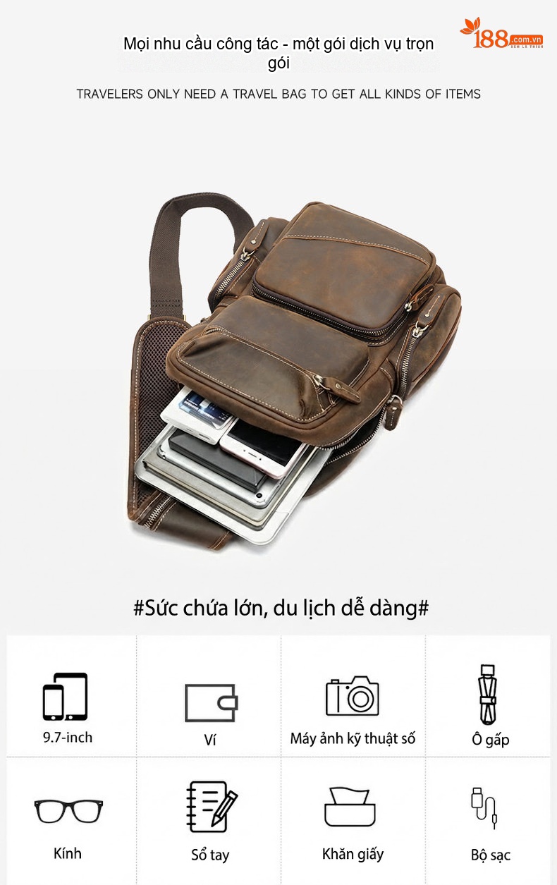 Túi Đeo Chéo Nam Da Bò Nhiều Ngăn Phong Cách Retro chi tiết 5
