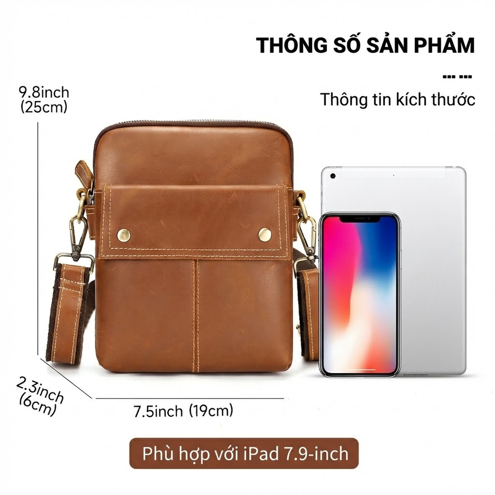 Túi Đeo Chéo Nam Da Bò Nhỏ Gọn Đựng Điện Thoại Phong Cách Đường Phố Màu Nâu