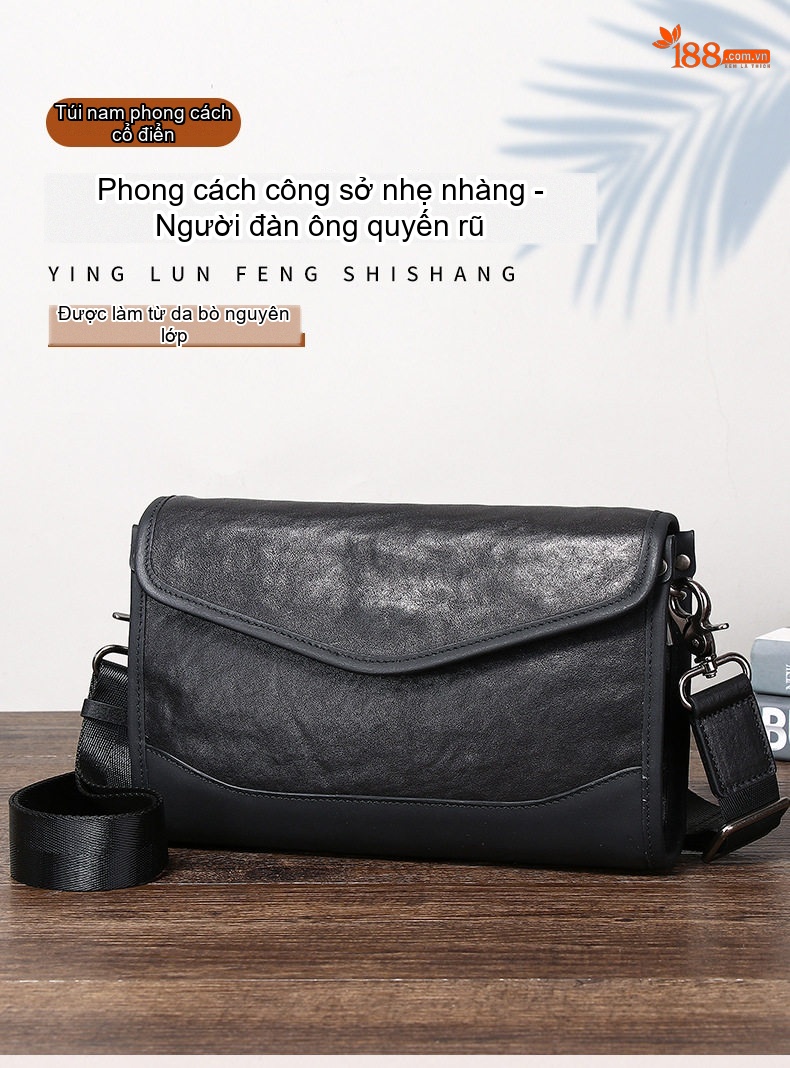 Túi Đeo Chéo Nam Da Bò Phong Cách Casual Màu Đen chi tiết 4