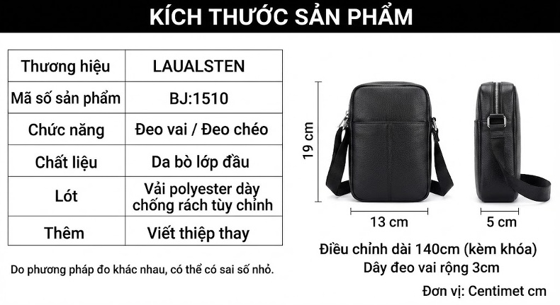 Túi Đeo Chéo Nam Da Bò Phong Cách Doanh Nhân Màu Đen