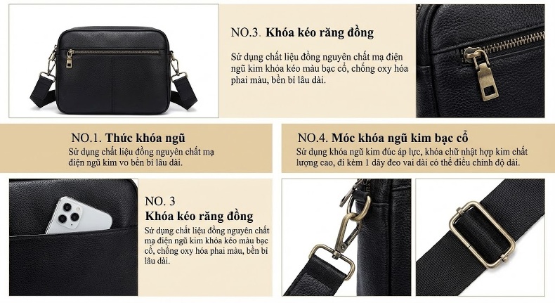 Túi Đeo Chéo Nam Da Bò Phong Cách Nhật Bản Hiện Đại, Túi Đeo Vai Thể Thao chi tiết 13