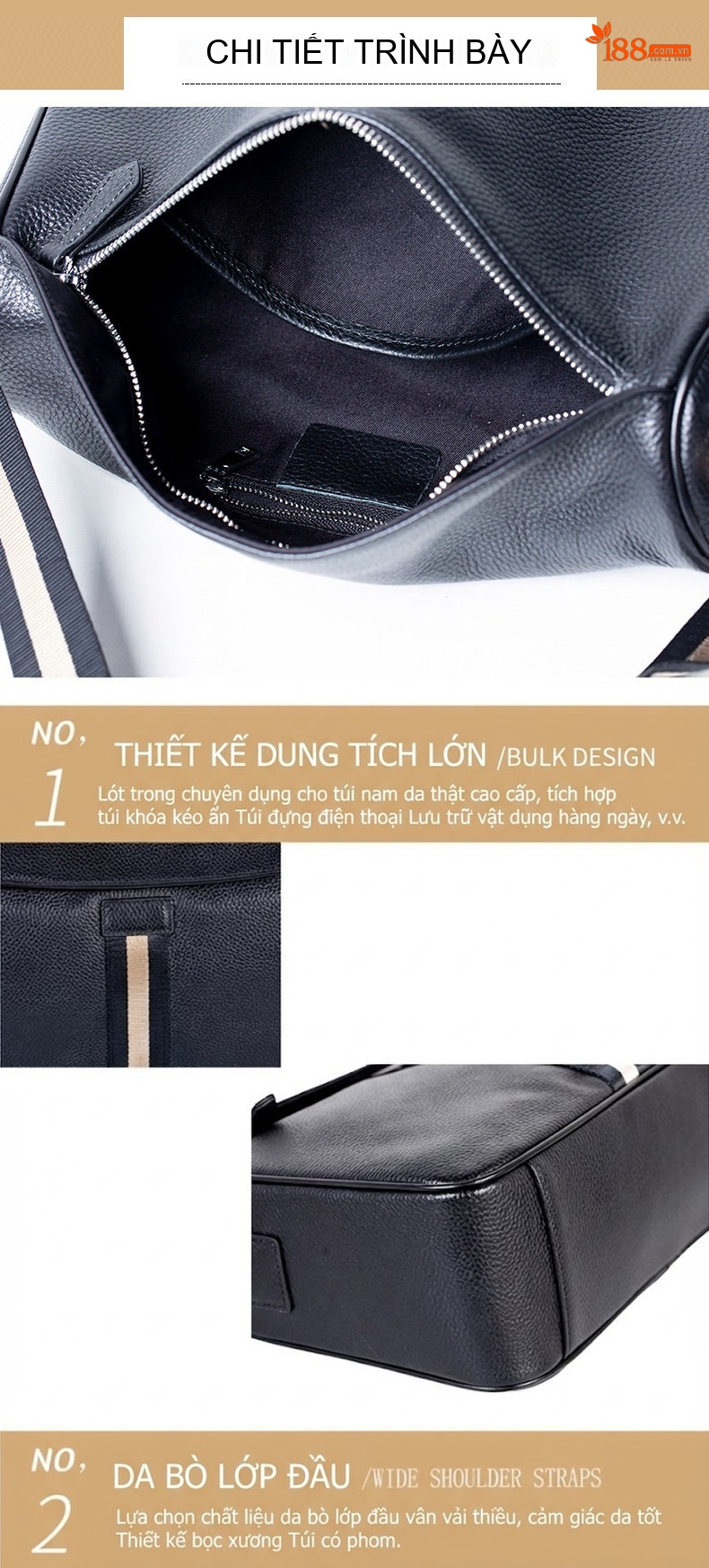 Túi Đeo Chéo Nam Da Bò Phong Cách Nhật Bản Hiện Đại, Túi Đeo Vai Thể Thao chi tiết 12