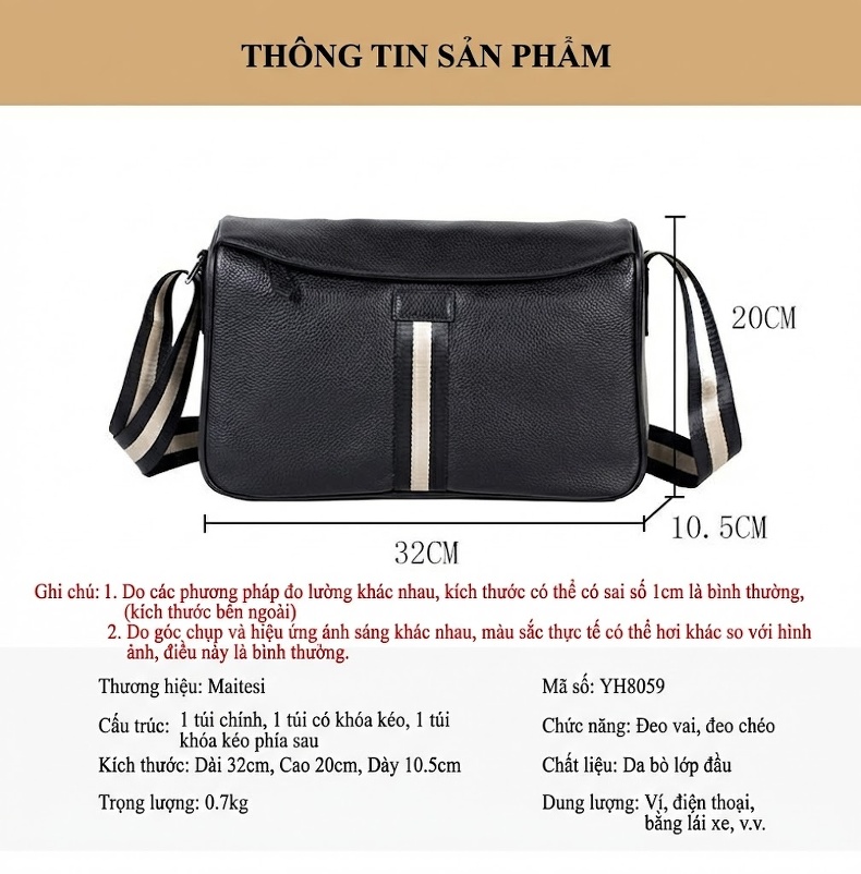 Túi Đeo Chéo Nam Da Bò Phong Cách Nhật Bản Hiện Đại, Túi Đeo Vai Thể Thao chi tiết 7