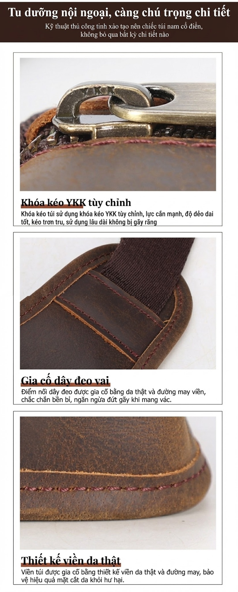Túi Đeo Chéo Nam Da Bò Phong Cách Retro Chiến Thuật Ngoài Trời Màu Nâu, Đen, Xanh Navy, Xanh Lá... chi tiết 8