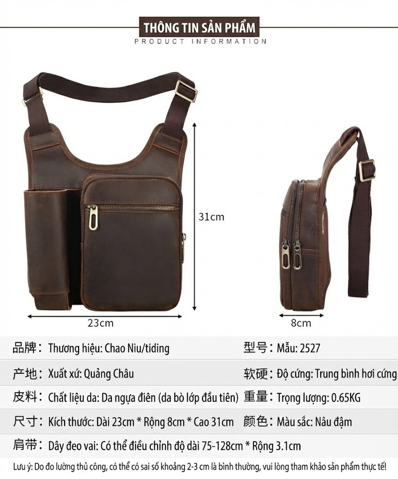 Túi Đeo Chéo Nam Da Bò Phong Cách Retro Chiến Thuật Ngoài Trời Màu Nâu, Đen, Xanh Navy, Xanh Lá... chi tiết 2