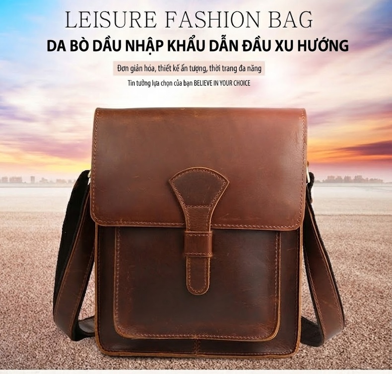 Túi Đeo Chéo Nam Da Bò Retro Đựng Ipad Màu Nâu chi tiết 27