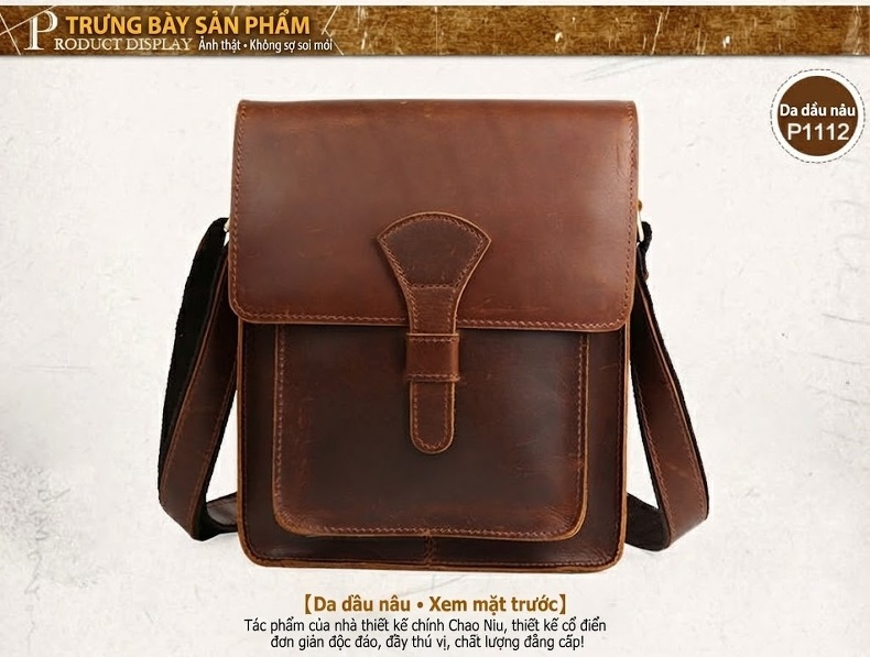 Túi Đeo Chéo Nam Da Bò Retro Đựng Ipad Màu Nâu chi tiết 31