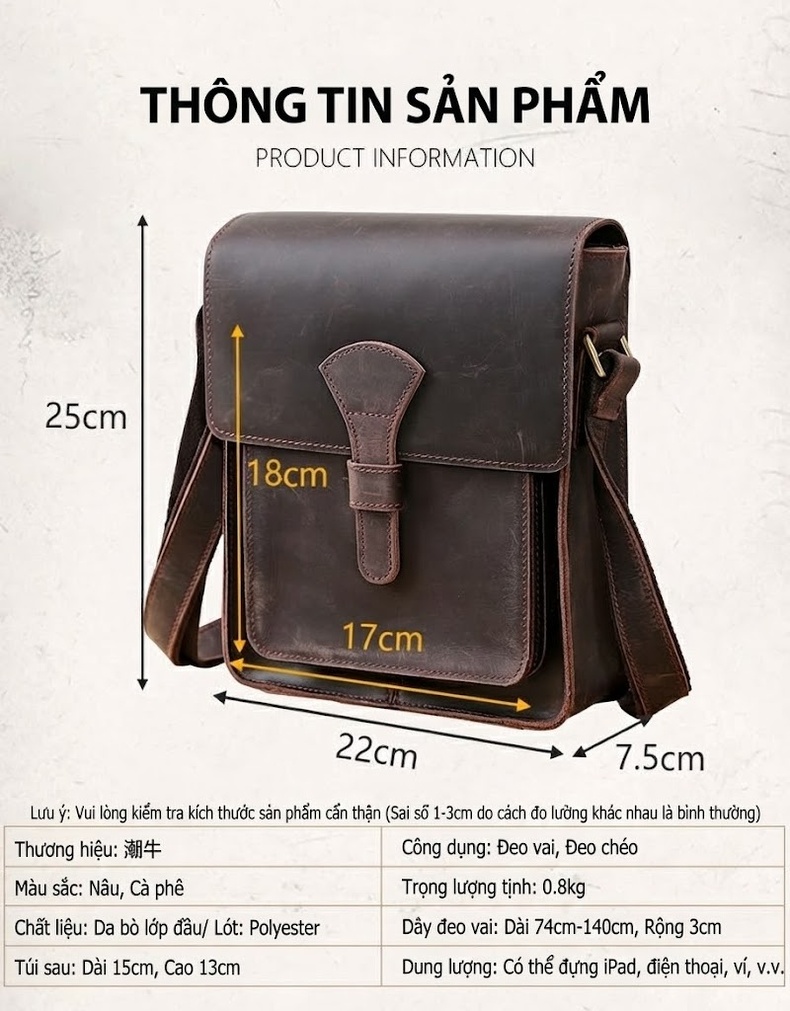 Túi Đeo Chéo Nam Da Bò Retro Đựng Ipad Màu Nâu chi tiết 8