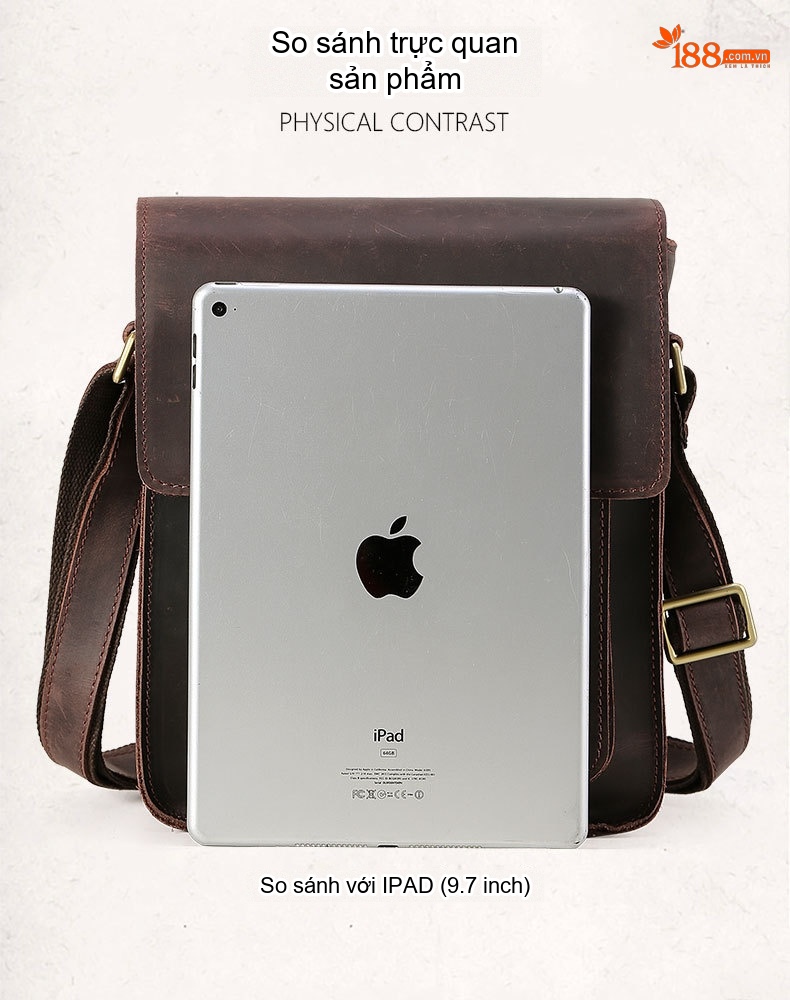 Túi Đeo Chéo Nam Da Bò Retro Đựng Ipad Màu Nâu chi tiết 10