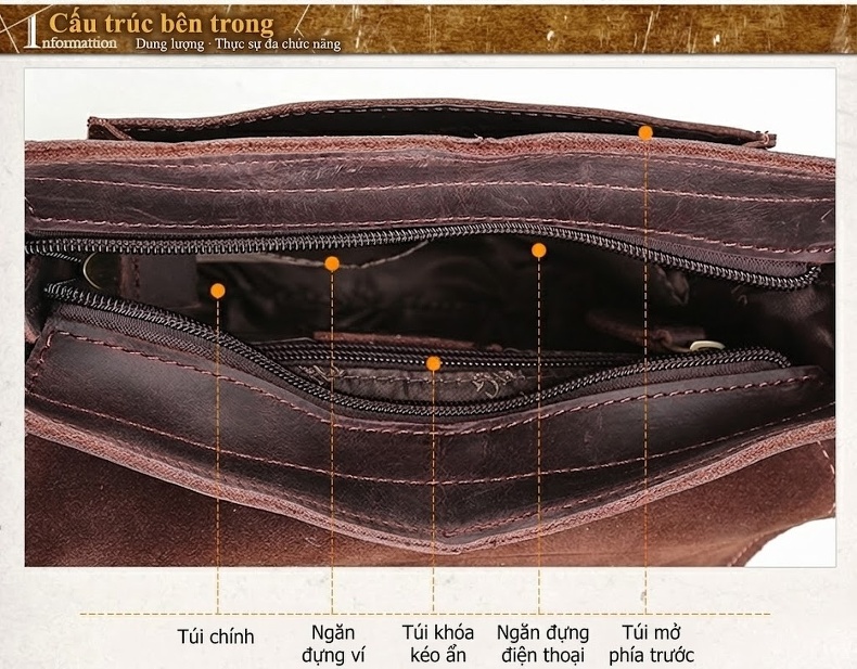 Túi Đeo Chéo Nam Da Bò Retro Đựng Ipad Màu Nâu chi tiết 11