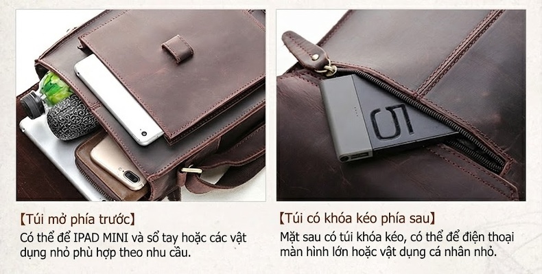 Túi Đeo Chéo Nam Da Bò Retro Đựng Ipad Màu Nâu chi tiết 13