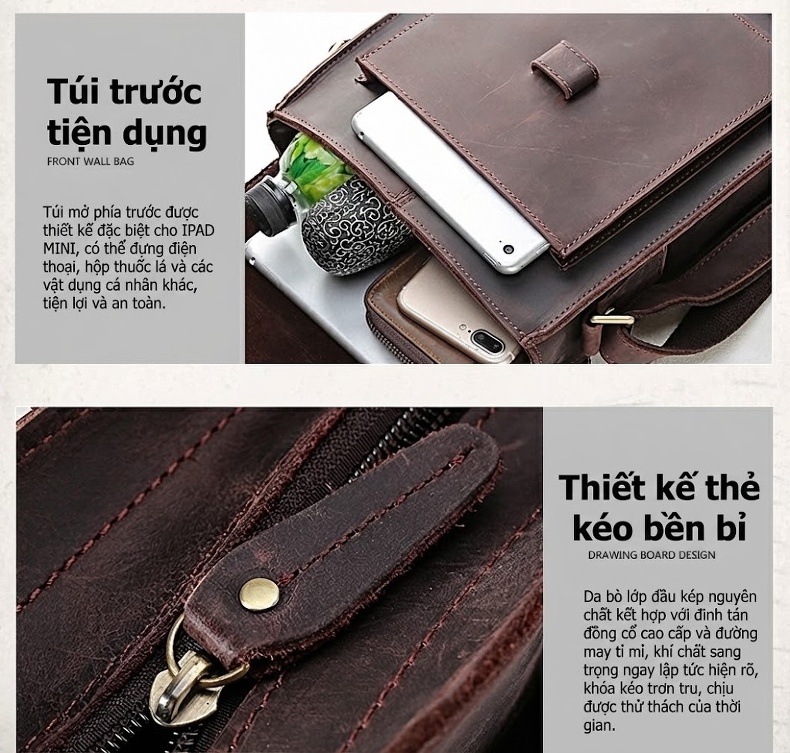 Túi Đeo Chéo Nam Da Bò Retro Đựng Ipad Màu Nâu chi tiết 36