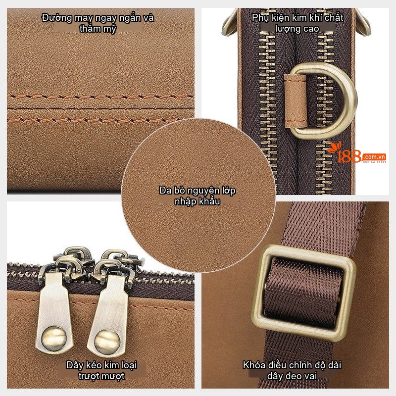 Túi Đeo Chéo Nam Da Bò Retro Nhỏ Gọn Đựng Điện Thoại Màu Nâu
