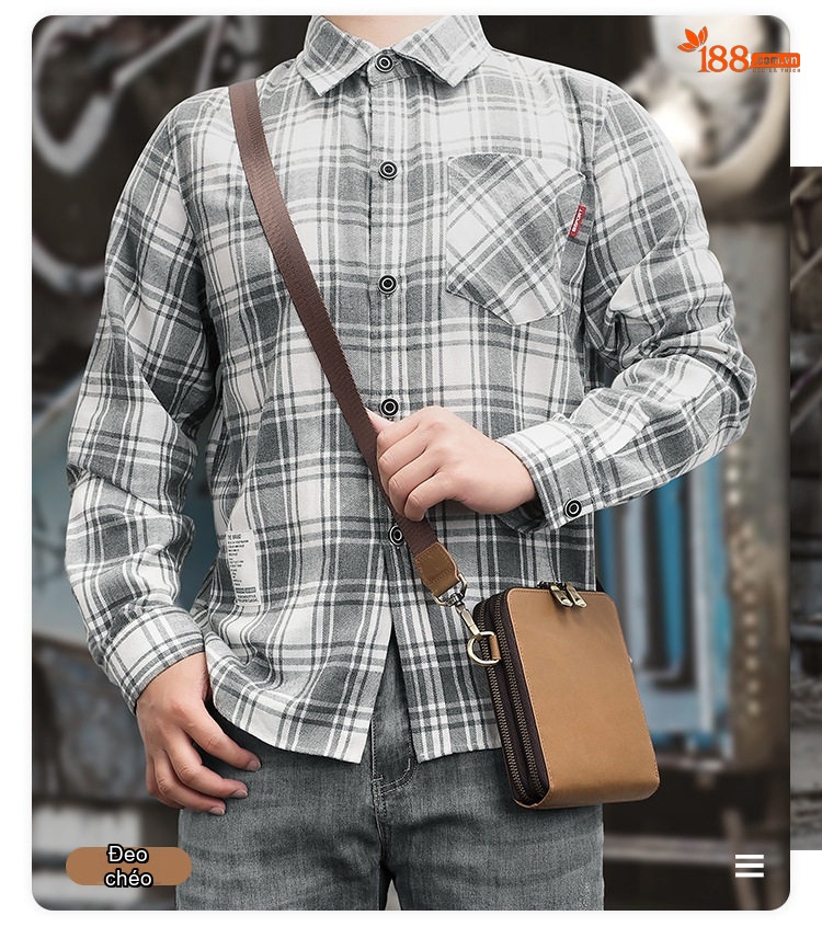 Túi Đeo Chéo Nam Da Bò Retro Nhỏ Gọn Đựng Điện Thoại Màu Nâu chi tiết 2