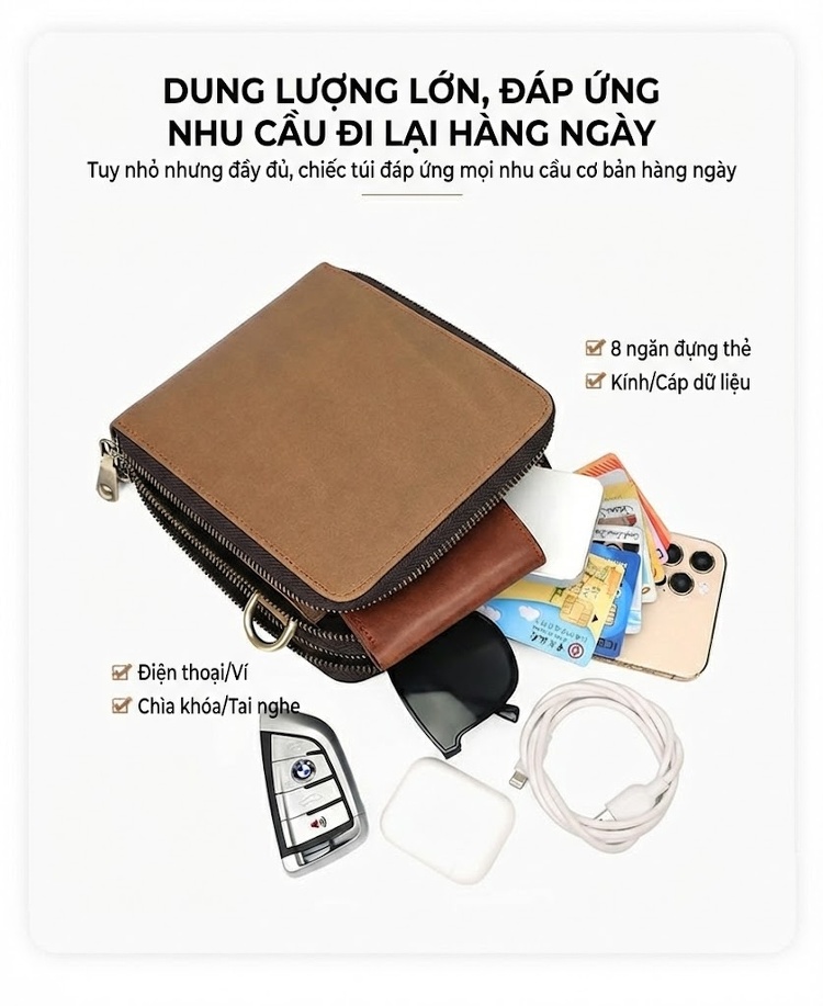 Túi Đeo Chéo Nam Da Bò Retro Nhỏ Gọn Đựng Điện Thoại Màu Nâu chi tiết 5