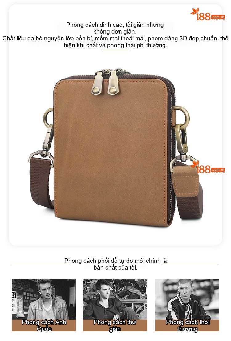 Túi Đeo Chéo Nam Da Bò Retro Nhỏ Gọn Đựng Điện Thoại Màu Nâu chi tiết 4