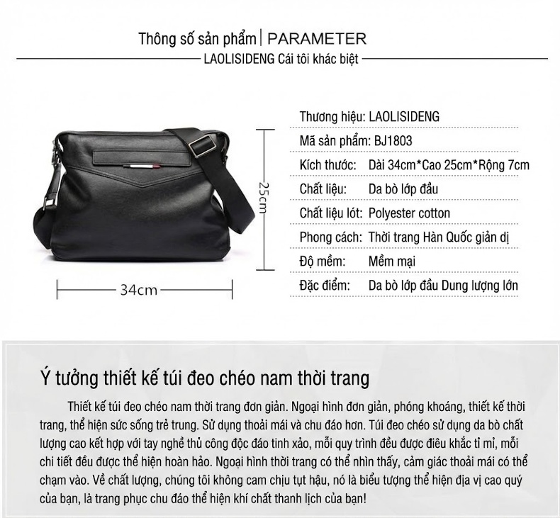 Túi Đeo Chéo Nam Da Bò Retro Thời Trang Màu Đen chi tiết 5