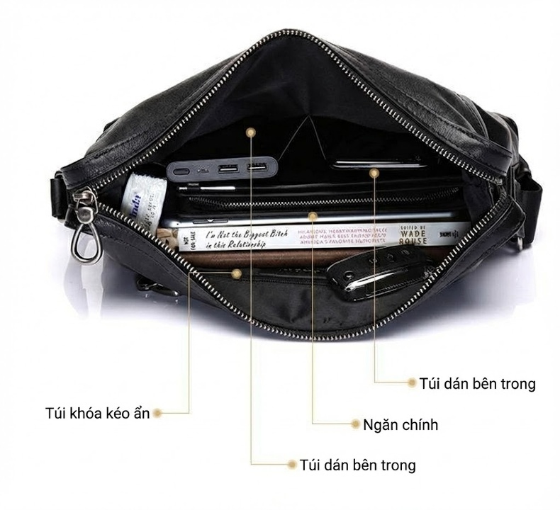 Túi Đeo Chéo Nam Da Bò Retro Thời Trang Màu Đen chi tiết 12