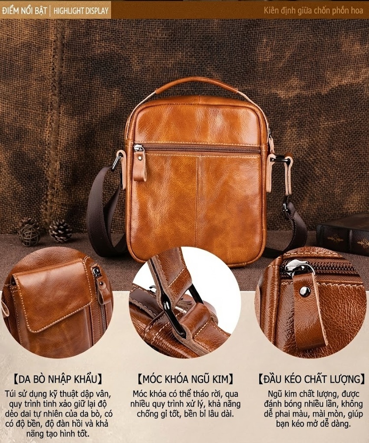 Túi Đeo Chéo Nam Da Bò Sáp Dầu Retro Túi Xách Tay Đeo Vai Màu Nâu, Đen chi tiết 24