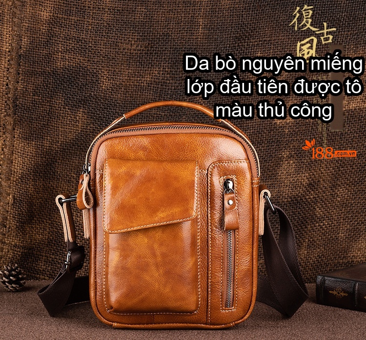 Túi Đeo Chéo Nam Da Bò Sáp Dầu Retro Túi Xách Tay Đeo Vai Màu Nâu, Đen chi tiết 1