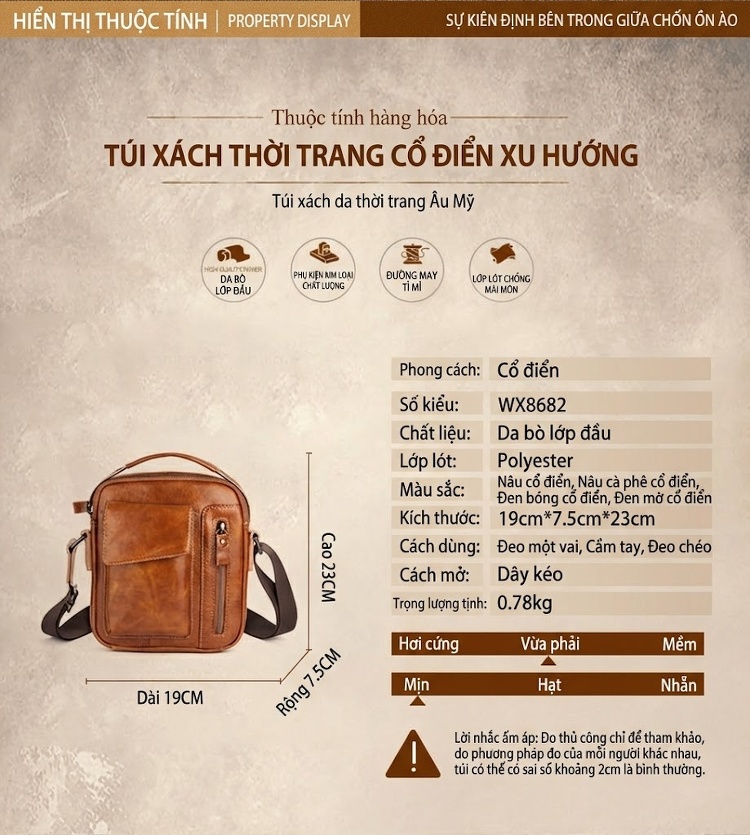 Túi Đeo Chéo Nam Da Bò Sáp Dầu Retro Túi Xách Tay Đeo Vai Màu Nâu, Đen chi tiết 22