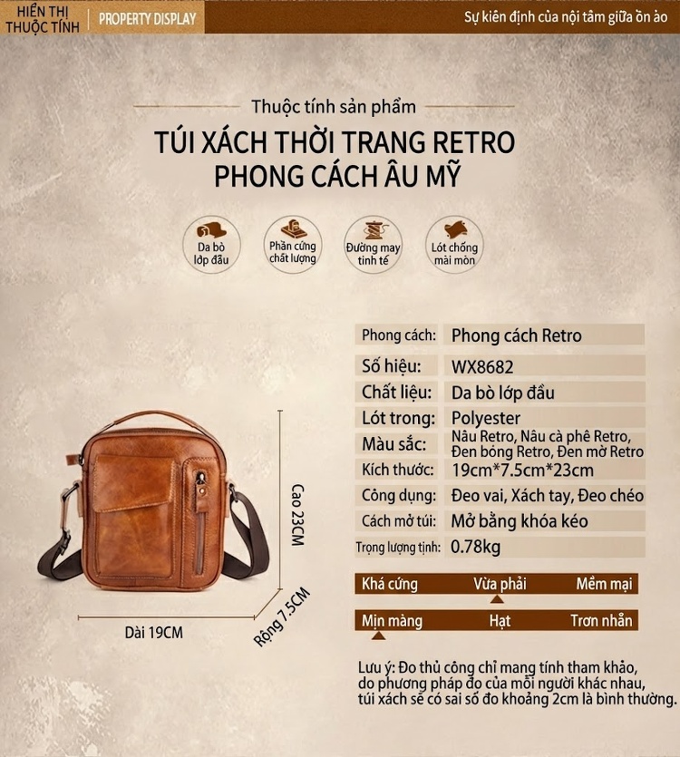 Túi Đeo Chéo Nam Da Bò Sáp Dầu Retro Túi Xách Tay Đeo Vai Màu Nâu, Đen chi tiết 2