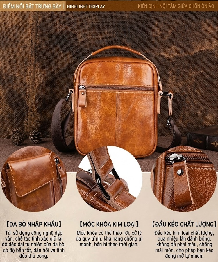 Túi Đeo Chéo Nam Da Bò Sáp Dầu Retro Túi Xách Tay Đeo Vai Màu Nâu, Đen chi tiết 3