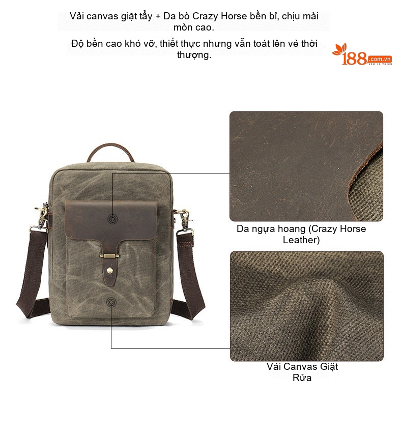 Túi Đeo Chéo Nam Da Bò Sáp Vải Canvas Đa Năng Màu Xanh Quân Đội, Đen, Xanh Dương, Màu Kaki chi tiết 8