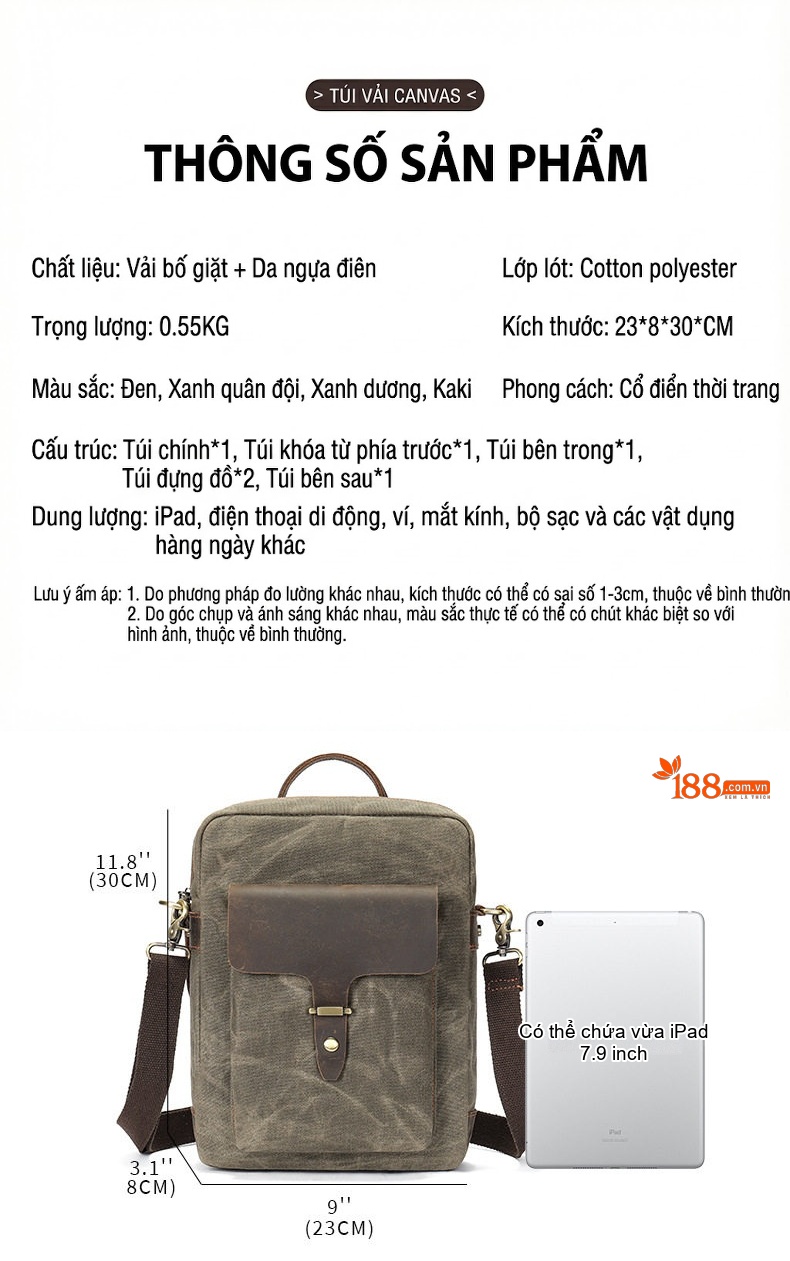 Túi Đeo Chéo Nam Da Bò Sáp Vải Canvas Đa Năng Màu Xanh Quân Đội, Đen, Xanh Dương, Màu Kaki chi tiết 5