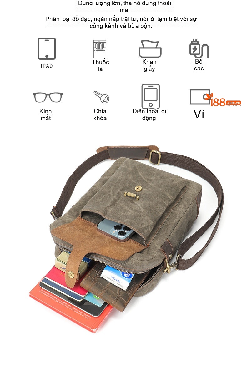 Túi Đeo Chéo Nam Da Bò Sáp Vải Canvas Đa Năng Màu Xanh Quân Đội, Đen, Xanh Dương, Màu Kaki chi tiết 9