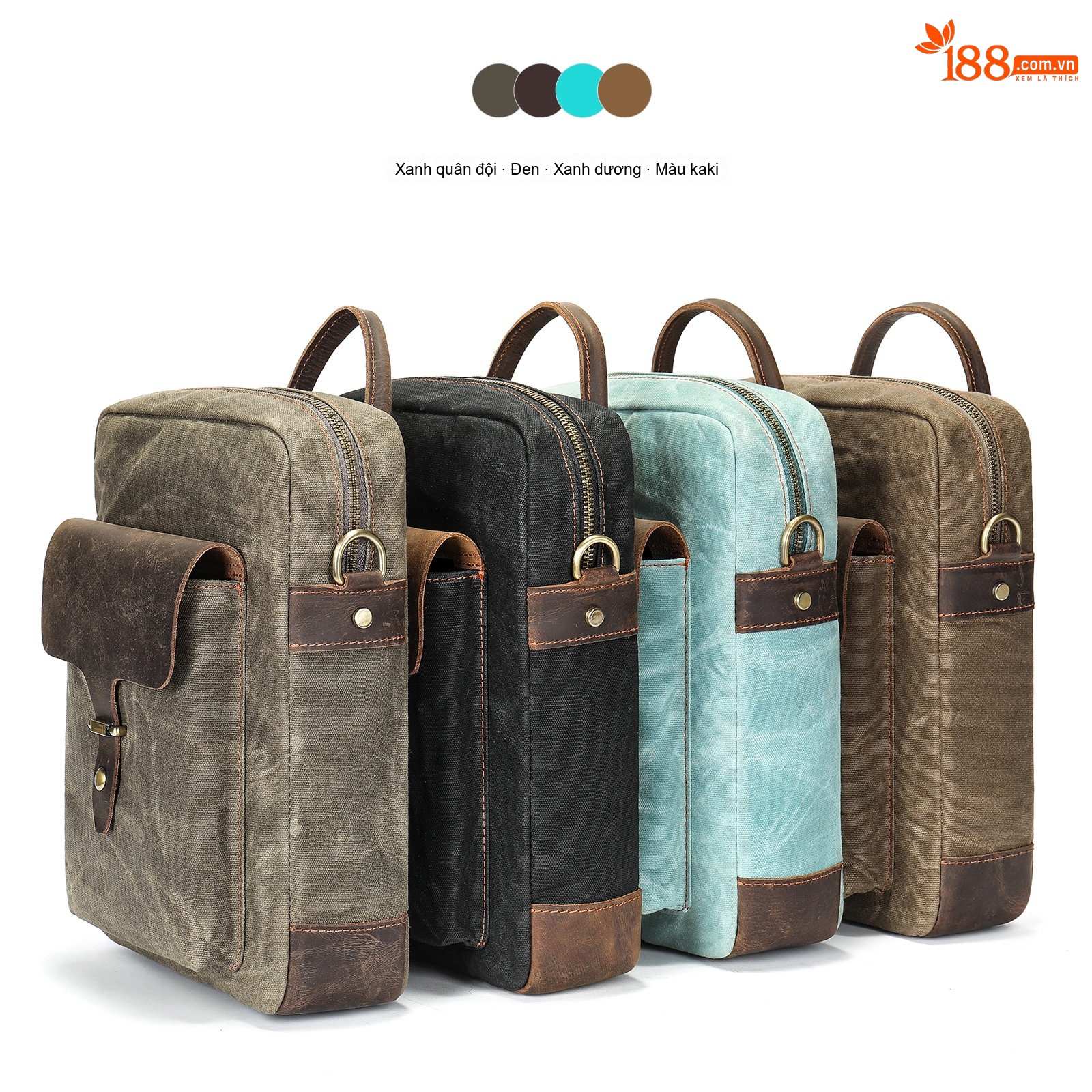 Túi Đeo Chéo Nam Da Bò Sáp Vải Canvas Đa Năng Màu Xanh Quân Đội, Đen, Xanh Dương, Màu Kaki