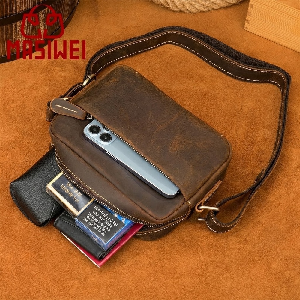 Túi Đeo Chéo Nam Da Bò Sáp Vân Gỗ Chống Nước Phong Cách Retro
