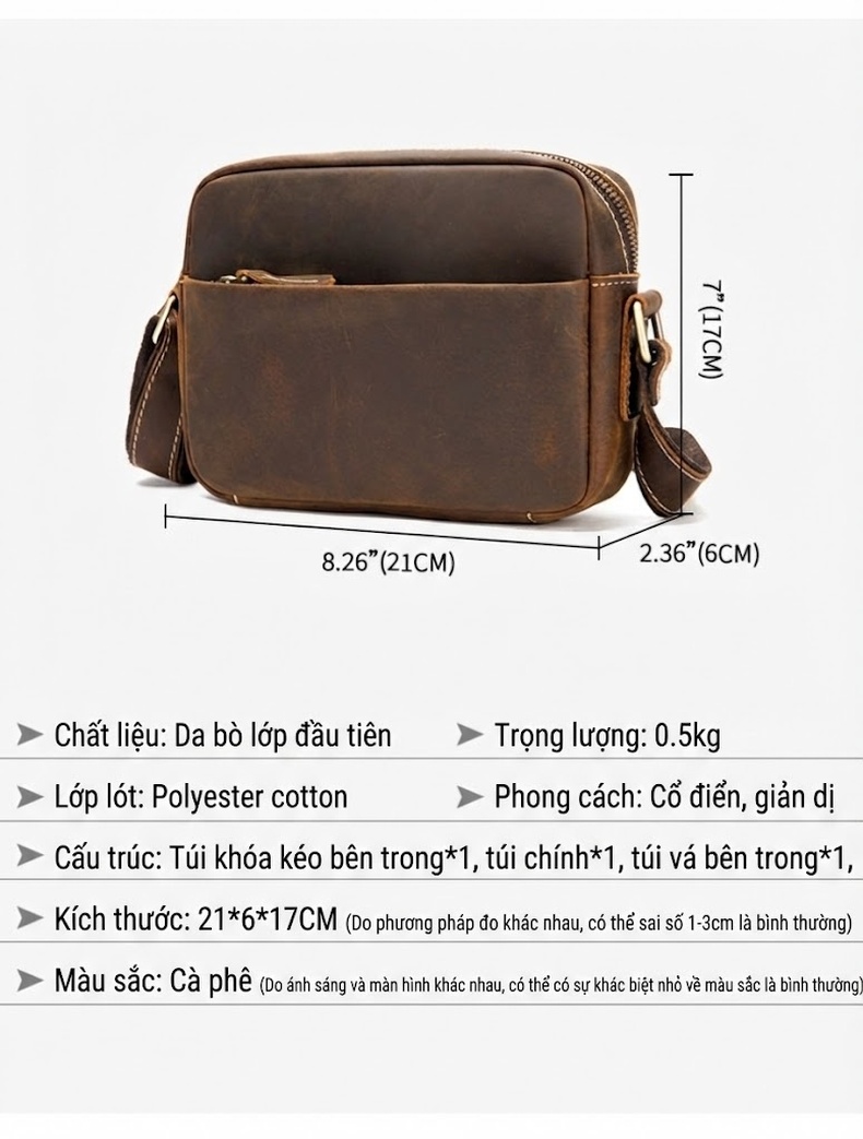 Túi Đeo Chéo Nam Da Bò Sáp Vân Gỗ Chống Nước Phong Cách Retro chi tiết 2