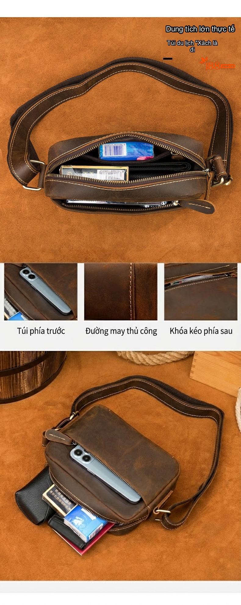 Túi Đeo Chéo Nam Da Bò Sáp Vân Gỗ Chống Nước Phong Cách Retro chi tiết 6