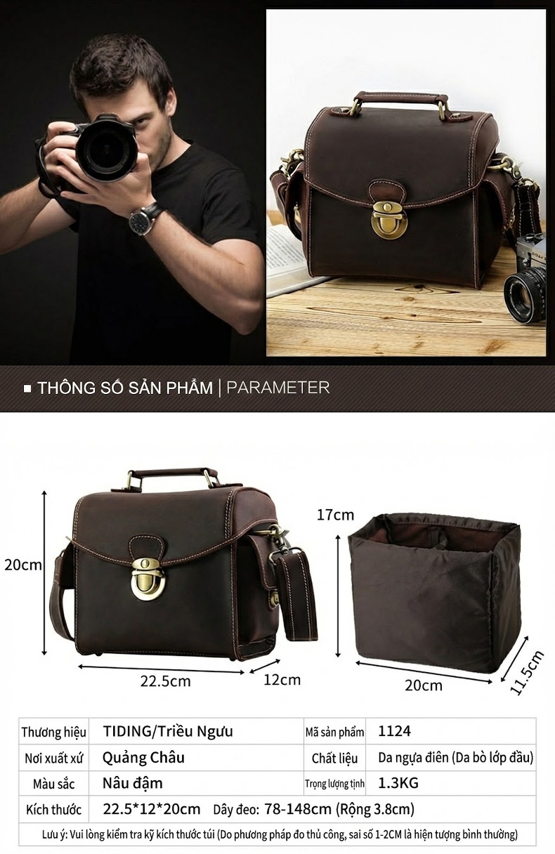 Túi Đeo Chéo Nam Da Bò Sáp Vintage Đựng Máy Ảnh DSLR Đa Năng Màu Nâu chi tiết 1