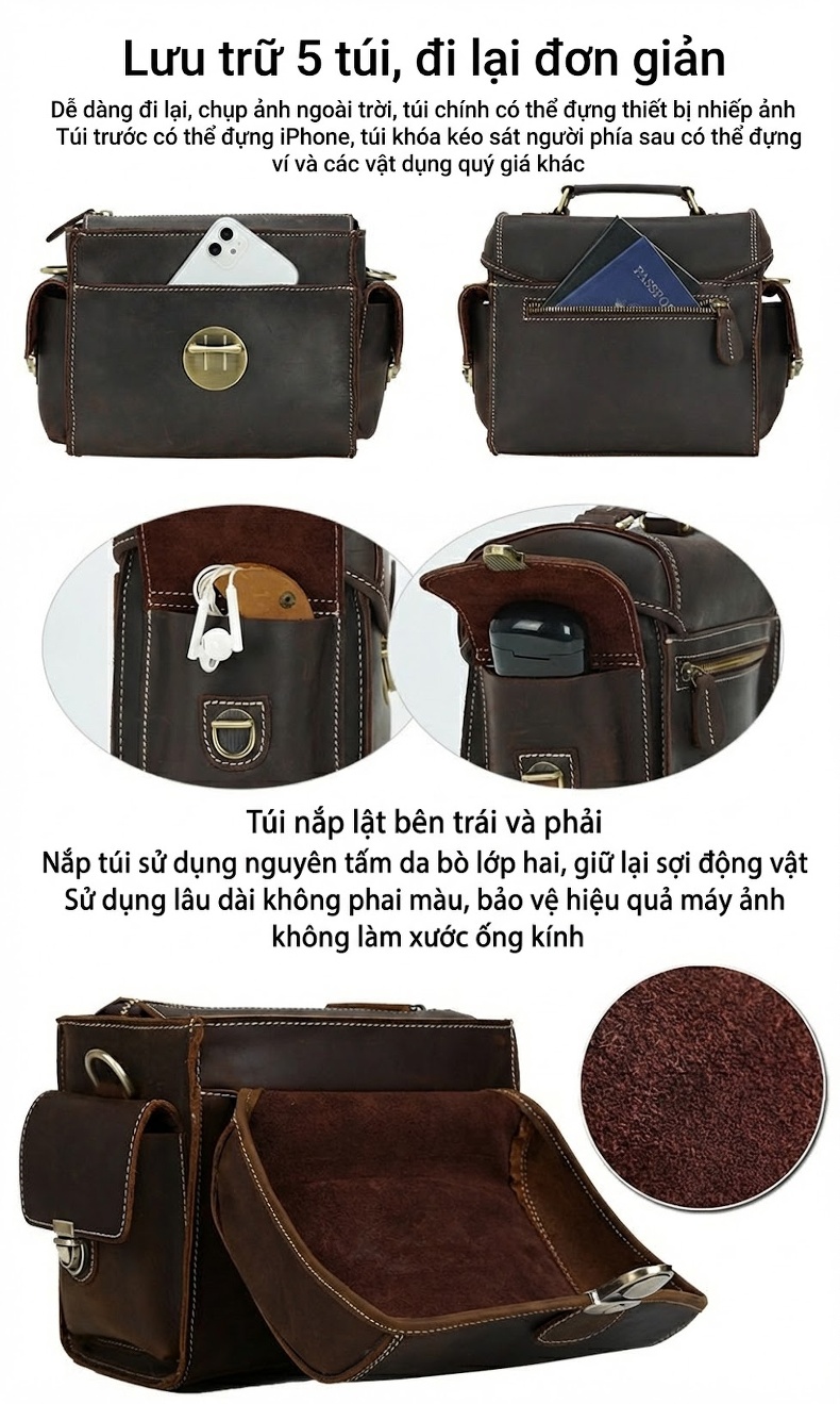 Túi Đeo Chéo Nam Da Bò Sáp Vintage Đựng Máy Ảnh DSLR Đa Năng Màu Nâu chi tiết 4