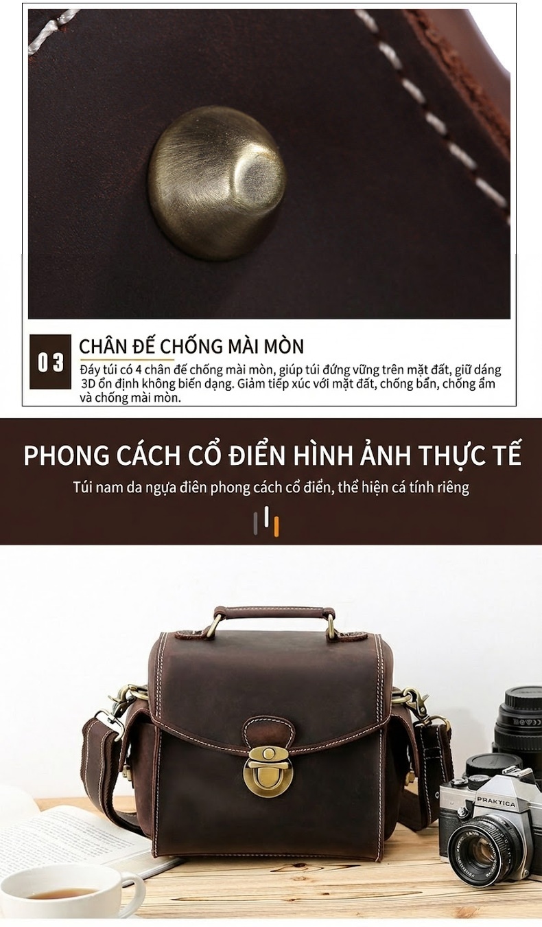 Túi Đeo Chéo Nam Da Bò Sáp Vintage Đựng Máy Ảnh DSLR Đa Năng Màu Nâu chi tiết 6