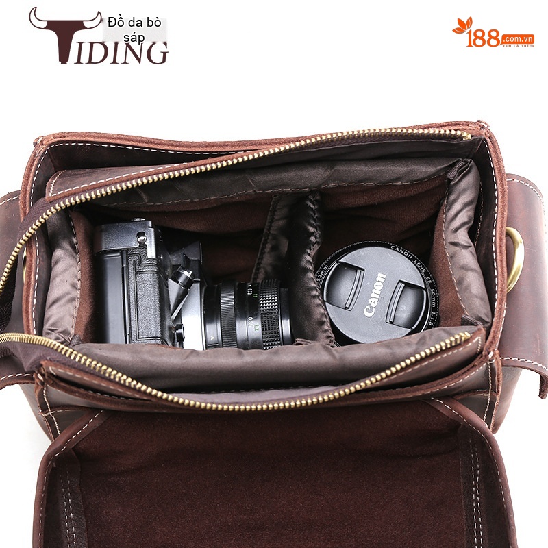 Túi Đeo Chéo Nam Da Bò Sáp Vintage Đựng Máy Ảnh DSLR Đa Năng Màu Nâu