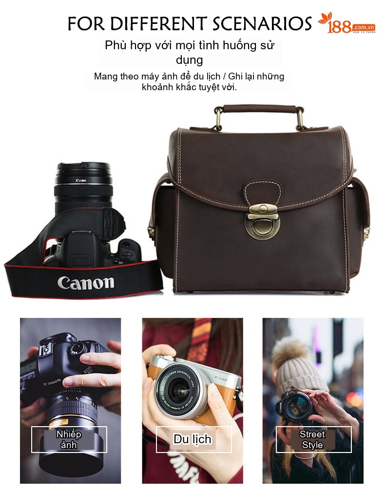 Túi Đeo Chéo Nam Da Bò Sáp Vintage Đựng Máy Ảnh DSLR Đa Năng Màu Nâu chi tiết 2