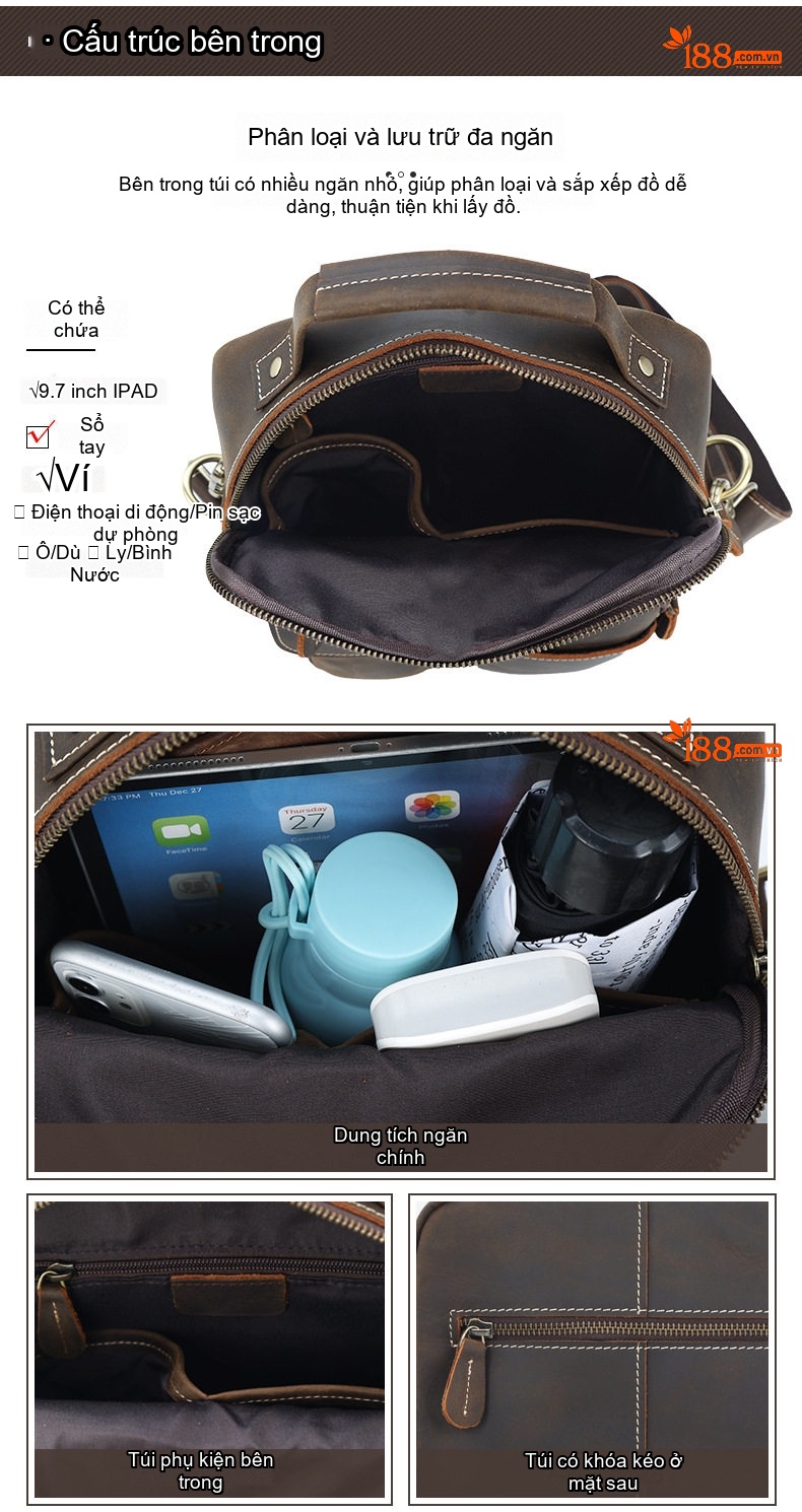 Túi Đeo Chéo Nam Da Bò Sáp Vintage Phong Cách Âu Mỹ chi tiết 4