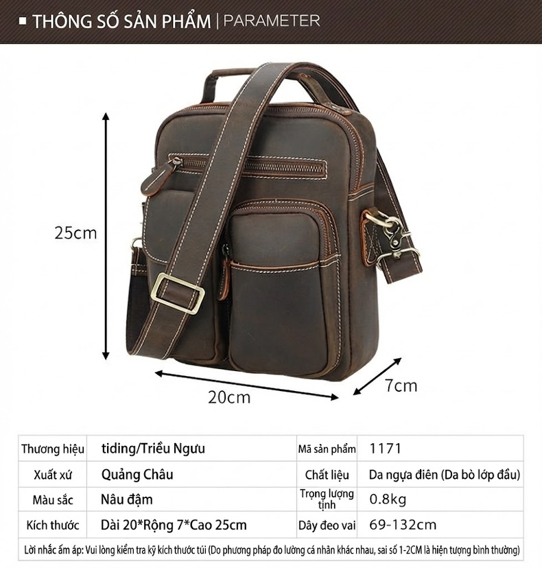 Túi Đeo Chéo Nam Da Bò Sáp Vintage Phong Cách Âu Mỹ chi tiết 3