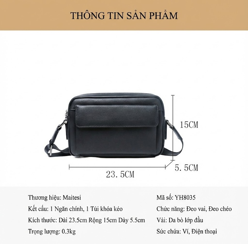 Túi Đeo Chéo Nam Da Bò Thật Đeo Vai Phong Cách Thời Trang Tối Giản Màu Đen chi tiết 15