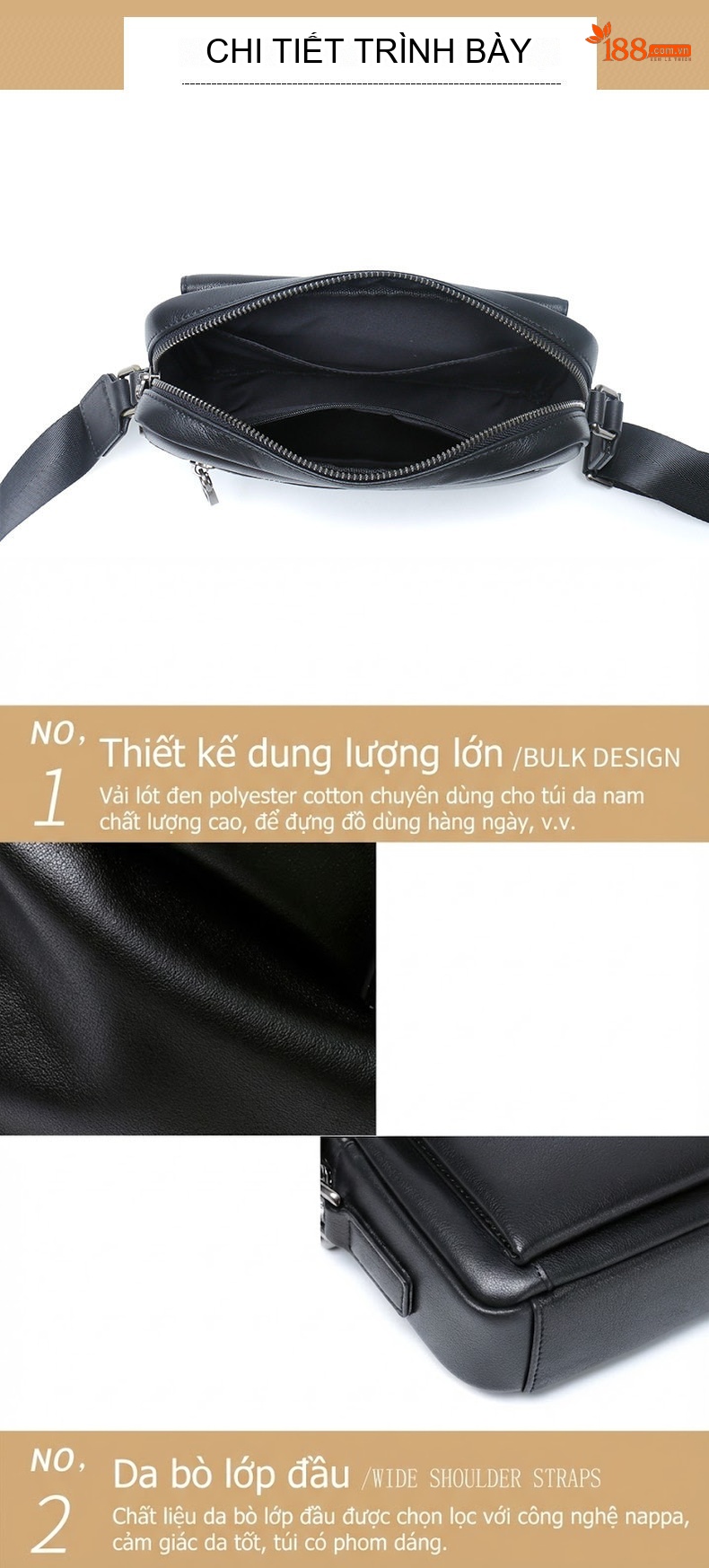 Túi Đeo Chéo Nam Da Bò Thật Đeo Vai Phong Cách Thời Trang Tối Giản Màu Đen chi tiết 13