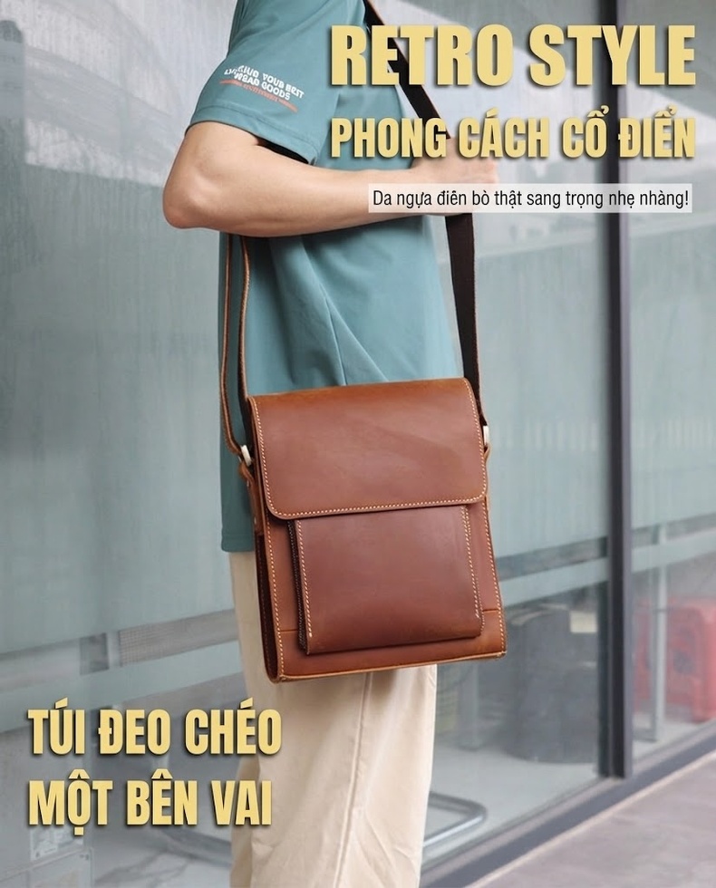 Túi Đeo Chéo Nam Da Bò Thật Mad Horse Kiểu Đứng Vintage chi tiết 1