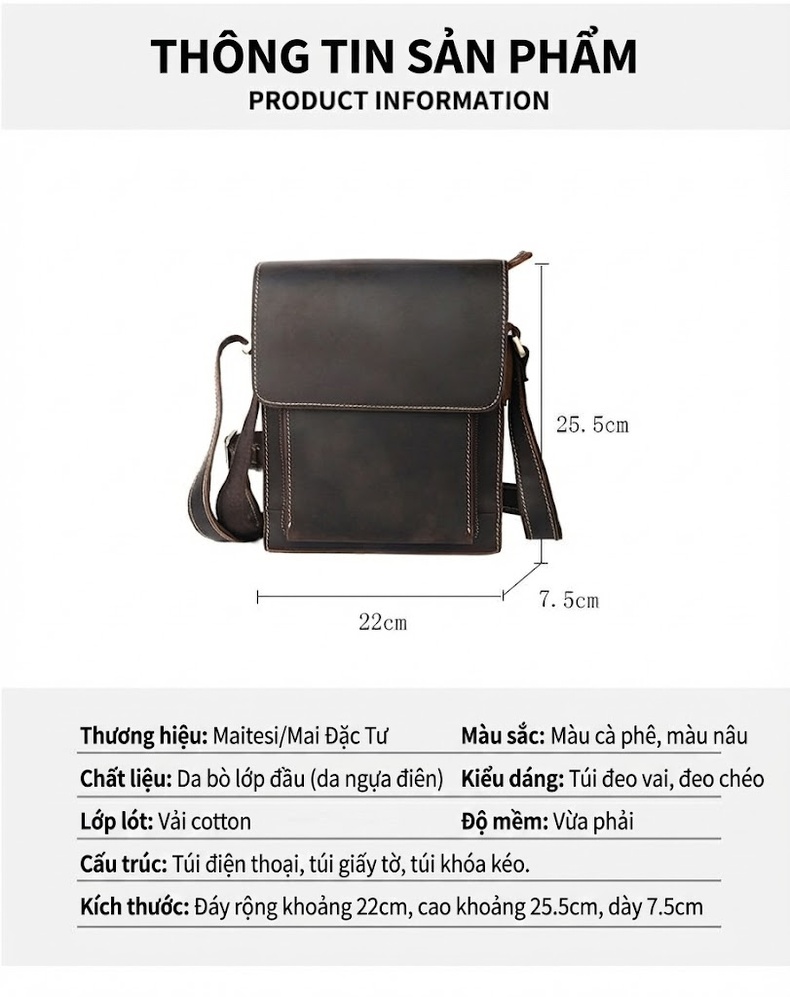 Túi Đeo Chéo Nam Da Bò Thật Mad Horse Kiểu Đứng Vintage chi tiết 7