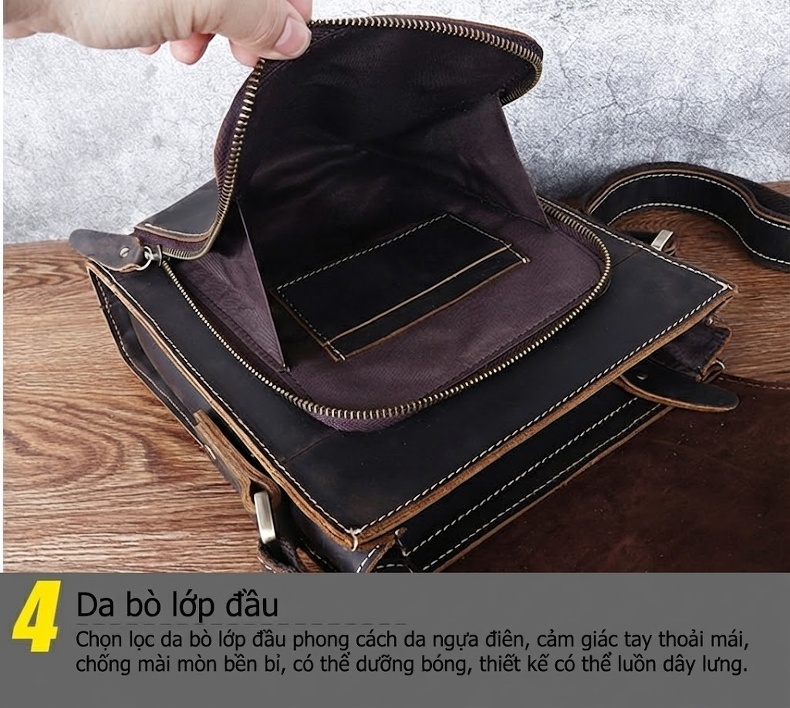 Túi Đeo Chéo Nam Da Bò Thật Mad Horse Kiểu Đứng Vintage chi tiết 21