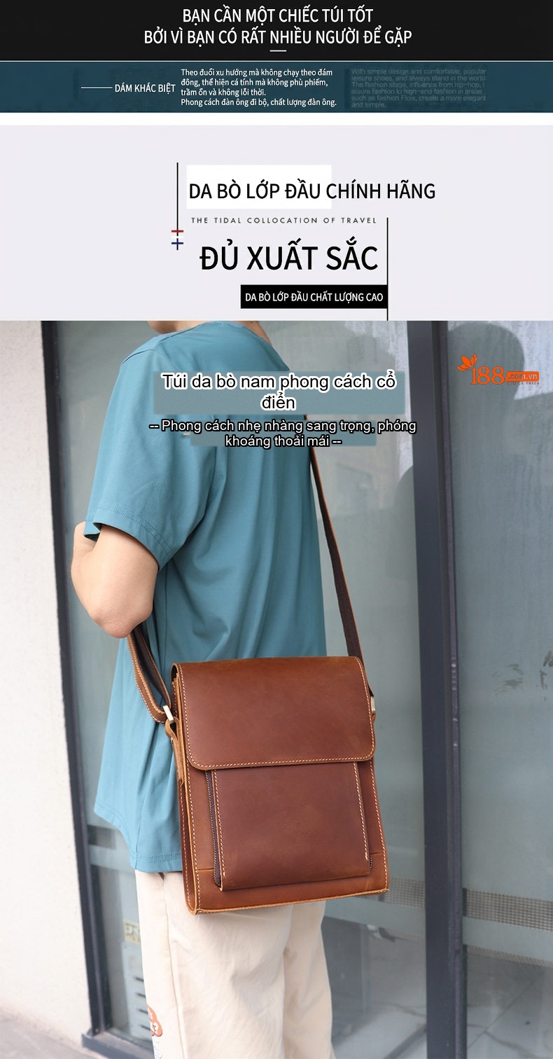 Túi Đeo Chéo Nam Da Bò Thật Mad Horse Kiểu Đứng Vintage chi tiết 3