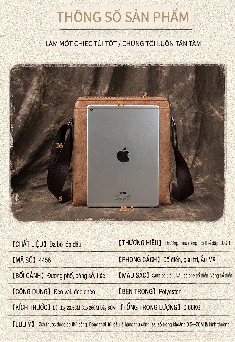 Túi Đeo Chéo Nam Da Bò Thật Mini Retro Màu Nâu, Xanh Navy chi tiết 4