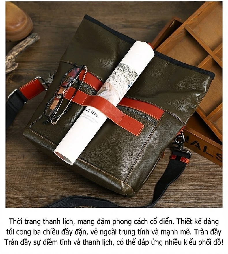 Túi Đeo Chéo Nam Da Bò Thật Phong Cách Casual, Túi Đựng Ipad Màu Đen, Nâu chi tiết 31